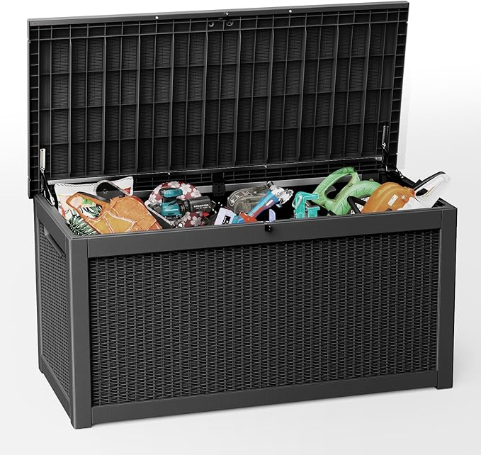 310 Gallon Lockable Outdoor Storage Box – Waterproof Resin Deck Box for Patio Furniture, Garden Tools, Pool Accessories (Black)