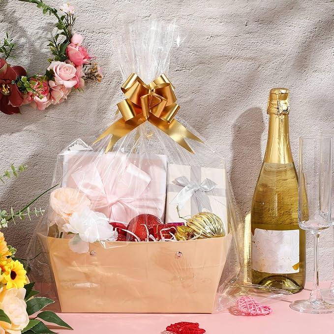PerKoop 24 Pack Baskets for Gifts Empty Bulk 6.5 x 9.8'' Thick Kraft Gift Basket with Bows and Bags Empty Gift Baskets for Valentine's Day Easter Birthdays Wedding Snacks Farmers Market(Khaki)