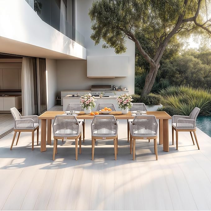 PURPLE LEAF 9 Pieces Patio Dining Set Aluminum Modern Rectangular Table and Rattan Arm Chairs with Cushions for Kitchen Porch Garden Outdoor Furniture Sets, Teak