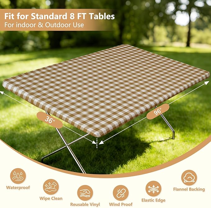 Rectangle Picnic Table Cloth, Elastic Waterproof Fitted Vinyl Tablecloths for 8 Foot Tables, Wipeable Flannel Backed Table Covers for Dining, Camping, Outdoor(Khaki Plaid,36"x96")