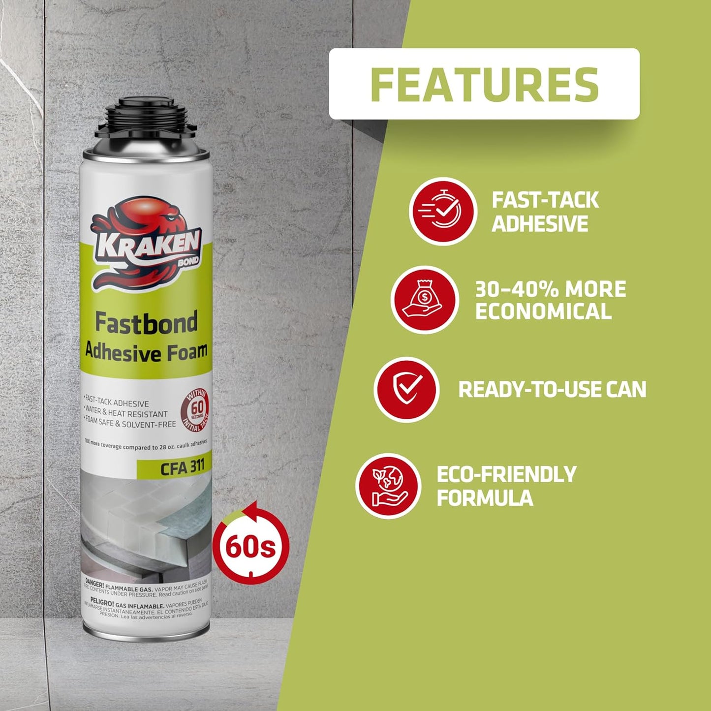 Kraken Bond Fastbond Spray Foam Adhesive (12x24oz.) - Heavy Duty Construction Adhesive for Insulation, Wall & Facade, Concrete, Stone, Subfloor, XPS & EPS Foam Board, Gun Not Included | 12 Pack