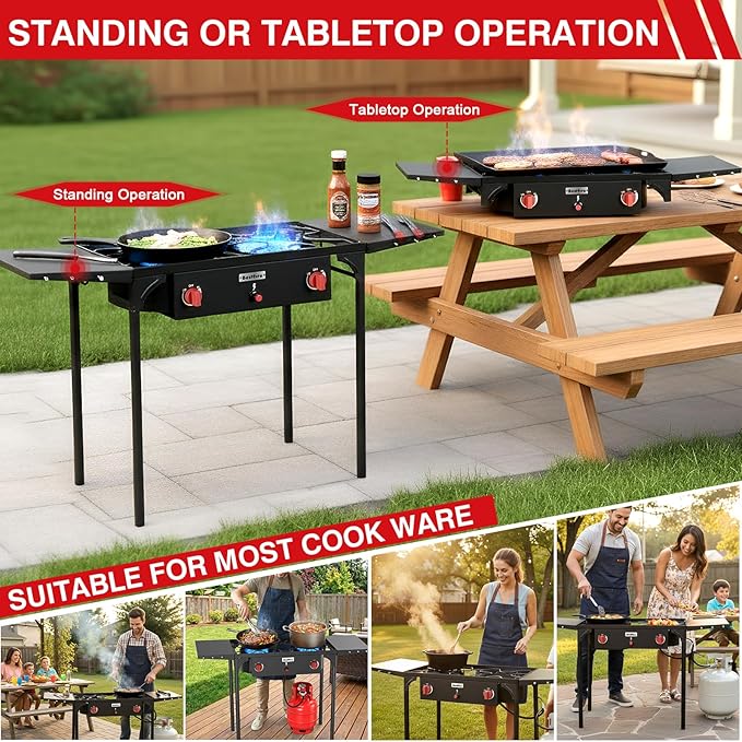 Bestfire 2 burner Camping Stove with Auto Ignition Button,Side Shelves & Regulator150,000 BTU Gas Stove Propane Burner With Removable Legs for Outdoor BBQ&Backyard Cooking Camping Home