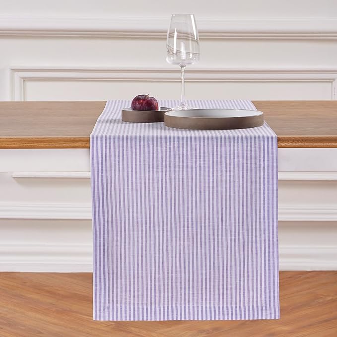 Solino Home Linen Striped Table Runner 132 Inches Long - Narrow Stripe 100% Pure Linen Lavender and White Dining Table Runner 14 x 132 Inch for Valentines, Spring, Easter