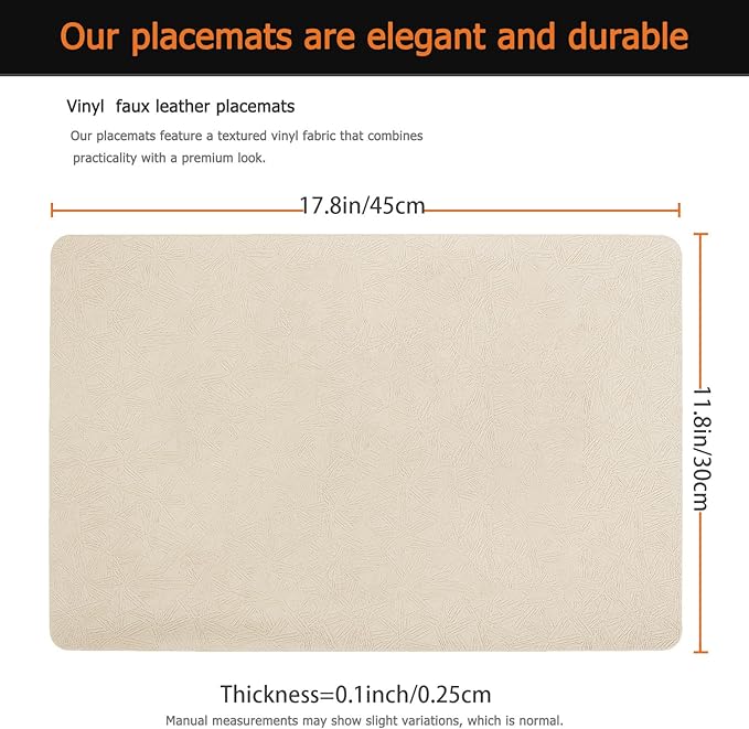 Vinyl Placemats Set of 4 Faux Leather 100% Waterproof Wipeable Washable Place Mats Heat Resistant Easy Clean Non-Slip Table Mats for Indoor Outdoor. (4,Beige)