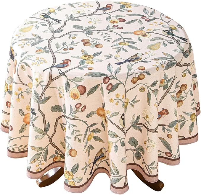 Linen 55 Inch Round Tablecloth,Wrinkle Resistant French Pink Tablecloth Print with Froal,Decor Stitch Table Cloth for Thanksgiving,Dining Room,Home,Kitchen Diameter 55" -Dewey A