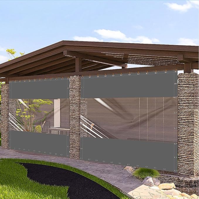 20 Oz Outdoor Vinyl Curtain, Outdoor Clear Panel Curtain, Weather Resistant Outdoor Curtain for Pergola, Porch, Gazebos, with Rustproof Grommets (8'H x 7'W, Dark Gray)