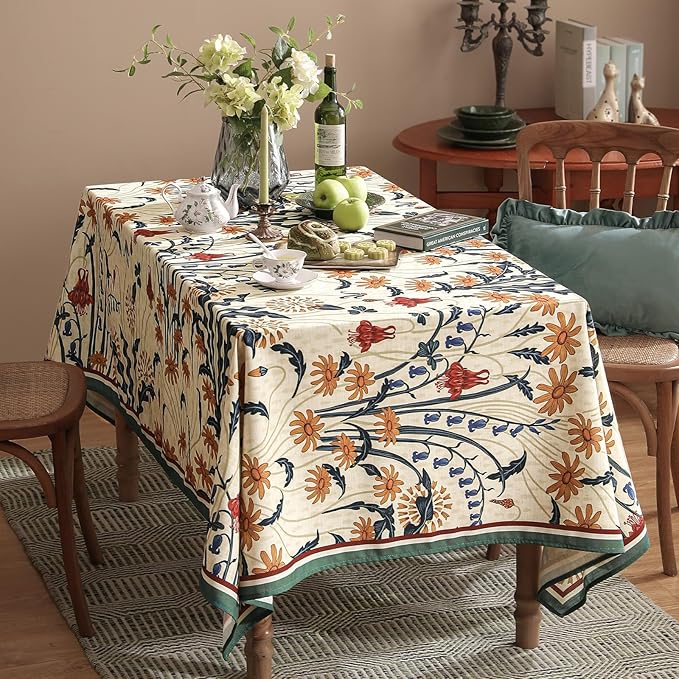 French Vintage Long Rectangular Tablecloth,Linen Tablecloth with Gold and Red Floral Pattern,Decorative Table Cover for Kitchen,Dining,Thanksgiving,Party,Living Room,63" × 94"-Tijuana
