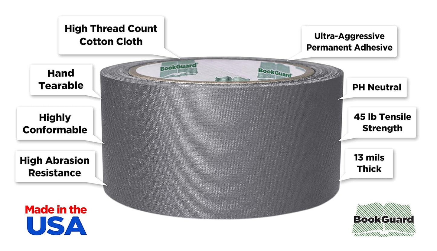 BookGuard 2 inch Premium Bookbinding Repair Cloth Tape, 15 Yard Roll, Gray
