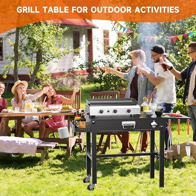 Grill Cart, Portable Grill Table for Blackstone Griddle, Foldable Outdoor BBQ Stand with Side Tray ＆ Hooks, Movable Pizza Oven Table for Outdoor Use, Fit 17"/25"/30" Large Space