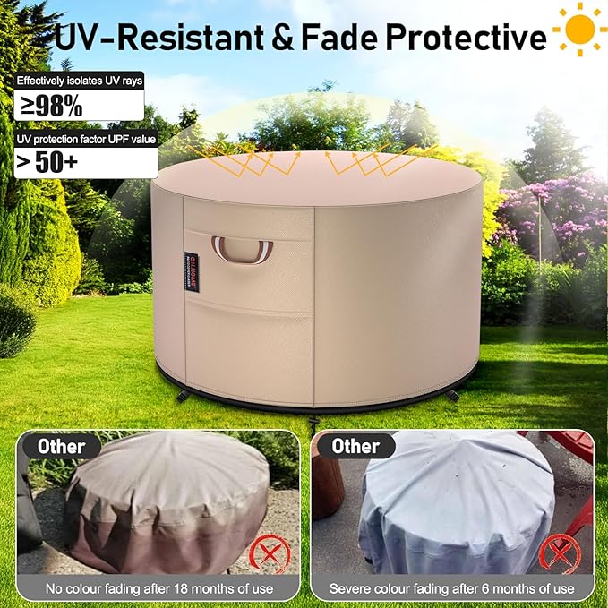 QH.HOME Fire Pit Cover Round-36" D X 24" H Inch Heavy Duty 900D Strong Tear-Resistant and UV Resistant and Waterproof and Fading Resistant Polyester Firepit Covers Round for Outdoor Fire Pit-Wheat