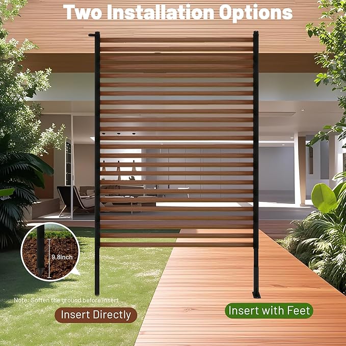 Outdoor Privacy Screen Fence with Feet Stand 3.3FT x 6FT, Wood Texture Freestanding Fence Privacy Screen for Outside, Metal Pipes and Slats Panels Divider for Garden Patio Balcony Backyard