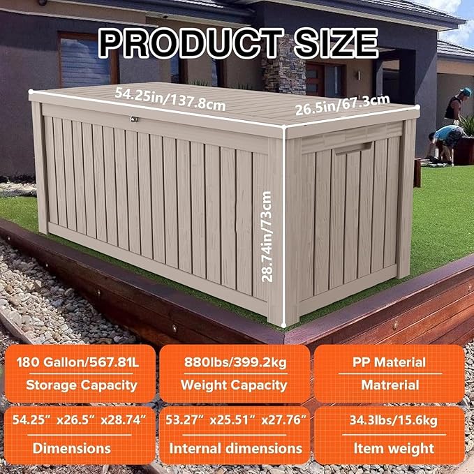 180 Gallon Resin Deck Box, Waterproof Outdoor Storage Box for Patio Furniture, Garden Tools, and Pool Accessories, Lockable UV-Resistant Storage Bin Bench Cabinet for Outside, Grey