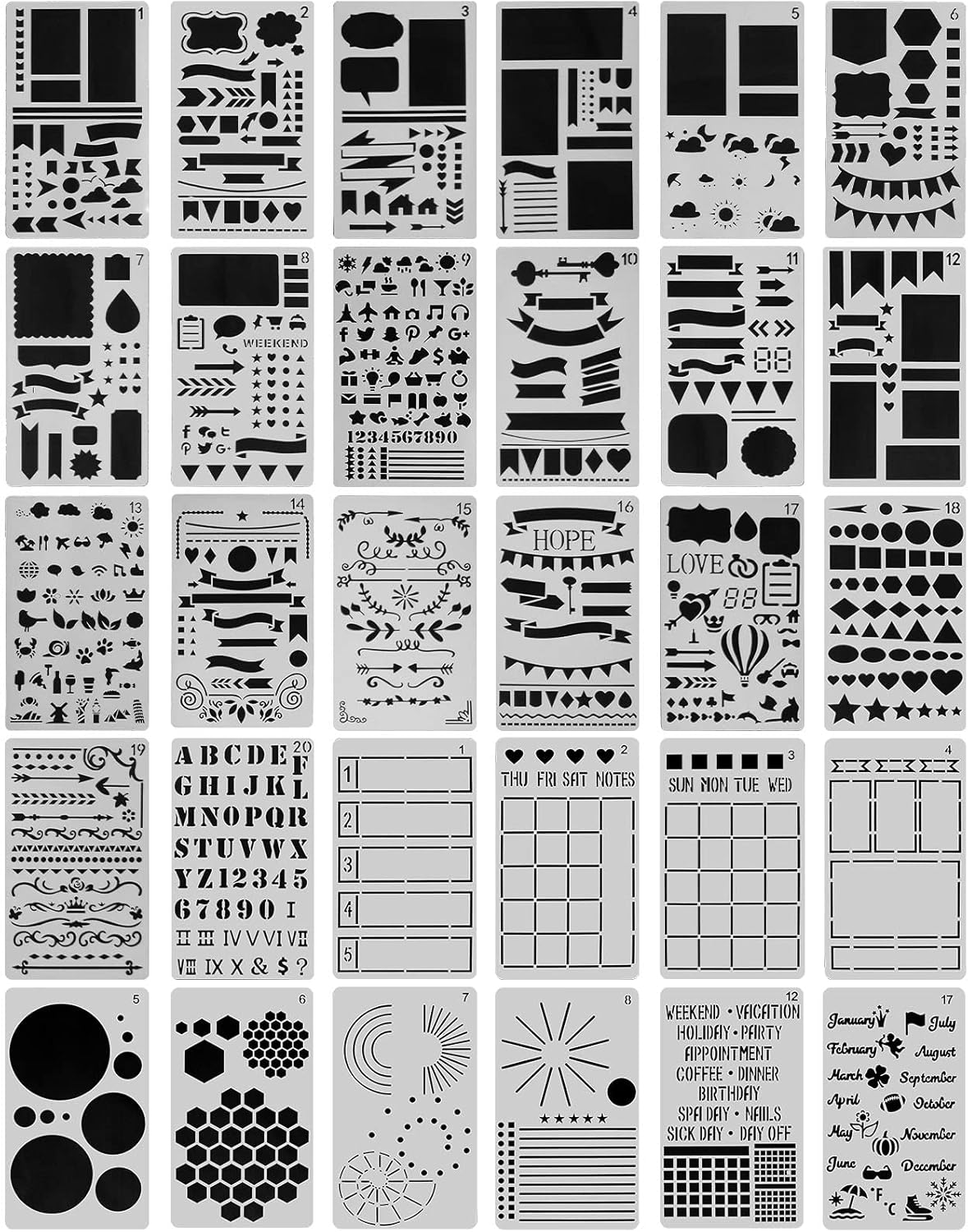 30 PCS Journal Stencils, Planner Stencils for Junk Journal Notebook Diary Scrapbook DIY Drawing Template Journal Stencil 4x7 Inch