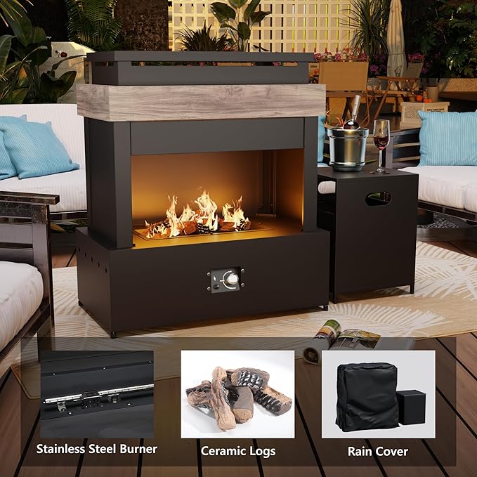 40.5''x35.4'' Propane Outdoor Fireplace, 50,000 BTU Patio Vent-Free Gas Heater, CSA Certified Grey & Black Weather-Resistant Steel, Realistic Ceramic Logs, Rain Cover Included
