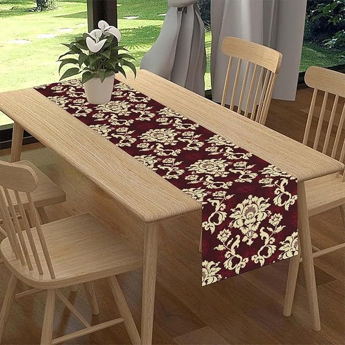 Red Damask Table Runner, Gothic Boho Baroque Style Floral Flower Antique Classic Rustic Vintage Coffee Table Center Decor for Kitchen and Dining Outdoor Home Country Party Table Decorations, 13"x36"