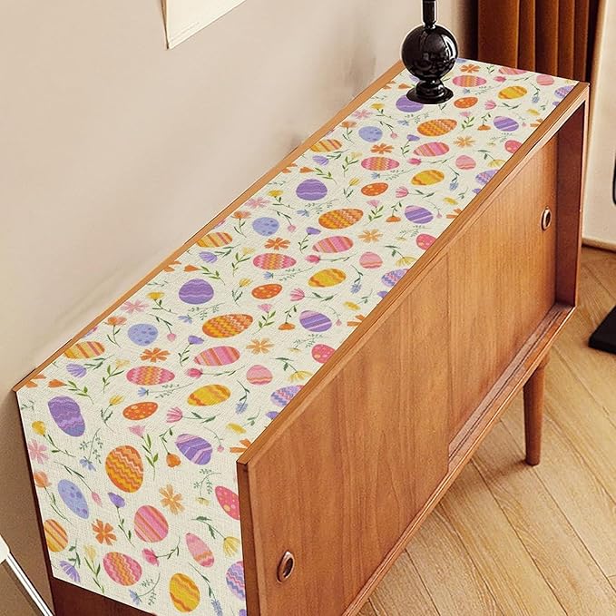 Easter Egg Table Runner,Colorful Egg Pattern Flowers Spring Summer Seasonal Table Center Decor for Family Kitchen and Living Room Outdoor Farmhouse Party Table Decorations, 13"x108"