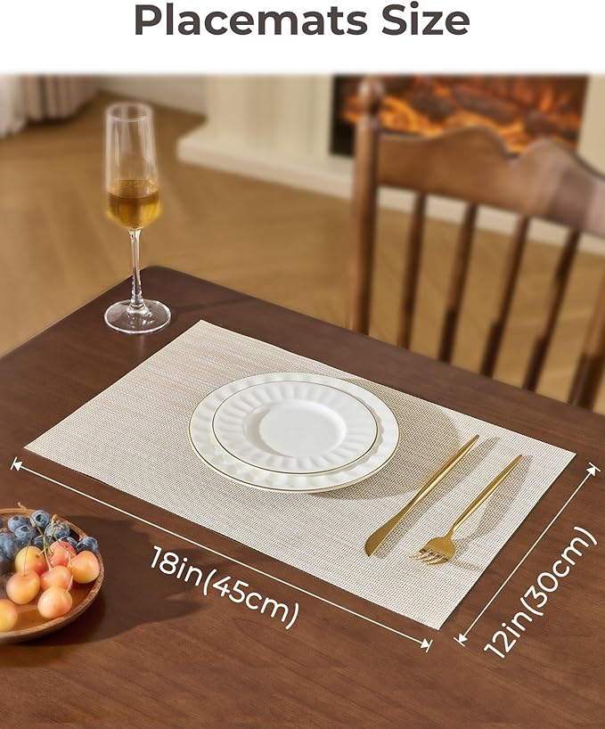 Leetaltree Beige White Placemats Set of 24 - Heat Resistant Non-Slip Place mats for Dining Table, Washable Durable PVC Vinyl Woven Table Mats(Beige White, 24)