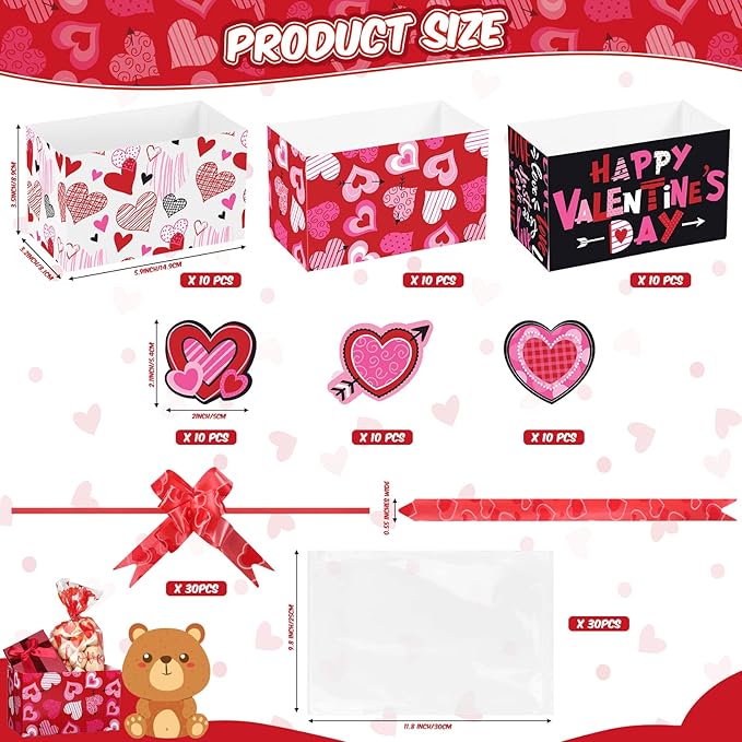 Tatuo 120 Pcs Valentines Day Baskets Gifts Empty Set Includes Valentines Empty Market Tray Cardboard Basket Clear Cellophane Bags Gift Tags Pull Bows for Wedding Holiday Birthday Party Supplies