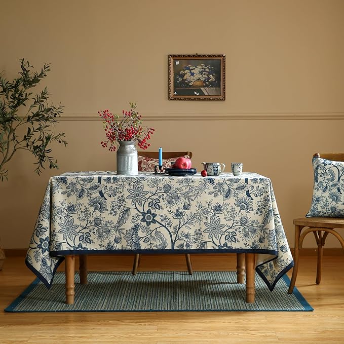 ISAENNE Designer French Linen Extra Long Rectangle Tablecloth,Blue Floral Washable Indoor Table Cloth,Durable Home Decor Tablecloths for Dining Thanksgiving Kitchen Party,67"*118"-Ruyi B