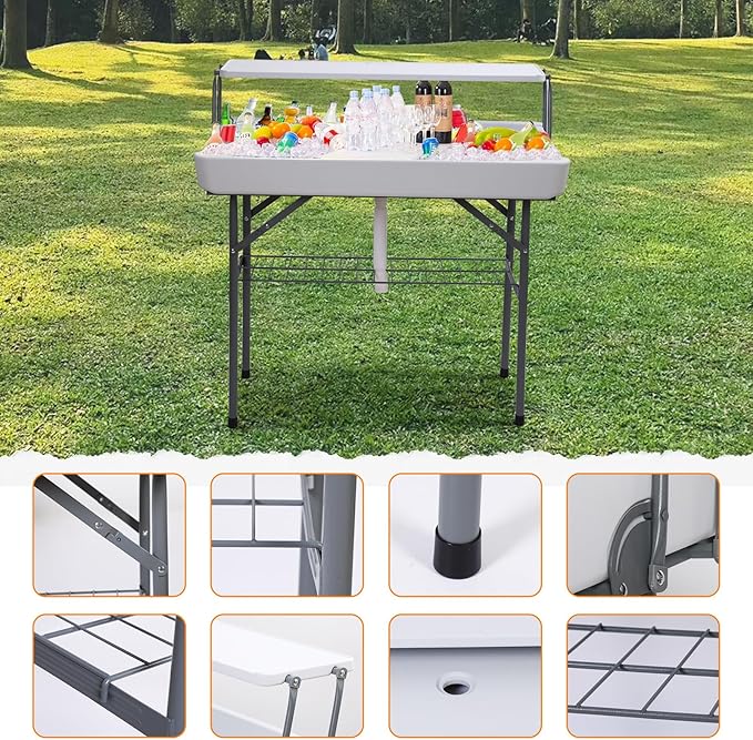 Nice C 4 ft Folding Ice Cooler Table, Party Cooler, Grazing Table, Tables with Drain, Party Tables, with Matching Skirt, Storage Shelf (White)