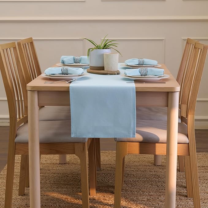 Encasa XO Table Runner 13"x104" Long | Cotton Canvas Fabric | Ice Blue Solid Color | Machine Washable & Durable