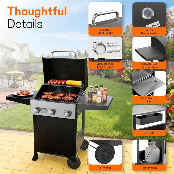 Veralune 3 Burner Propane Gas Grill, 36,000 BTU Stainless Steel Outdoor BBQ Grill with Built-In Thermometer, Lid, Foldable Side Shelves & Wheels for Patio, Garden & Backyard Cooking