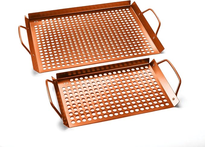 Outset QN76 Copper Grid Set Non-Stick Grilling Tray, Set of 2, 7" x 11" and 14" x 11"