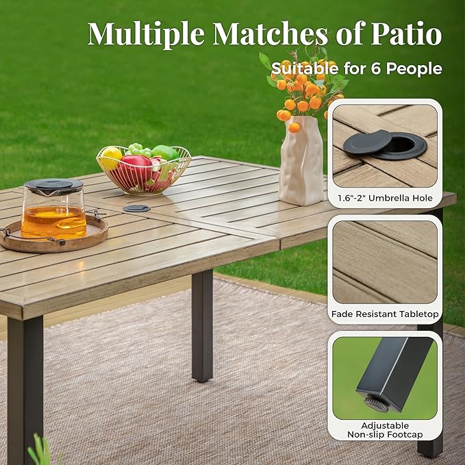 Outdoor Patio Dining Table for 6, 60" x 36" Rectangular Metal Patio Dining Table with Umbrella Hole and Wood-Like Tabletop, All Weather Wrought Iron Outdoor Table for Backyard and Porch