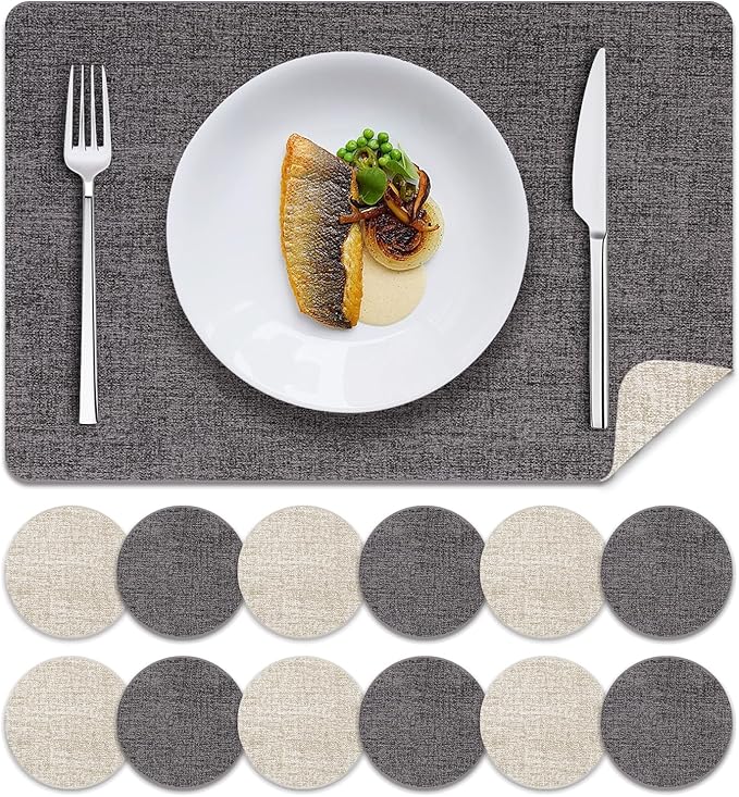 MOSAYT Faux Leather Placemats Set of 12, Heat Resistant Vinyl Place Mats with Coasters, Wipeable Washable 100% Waterproof Oil Proof Table Mats for Kitchen Dining Indoor Outdoor, 12" x 17", Grey Beige