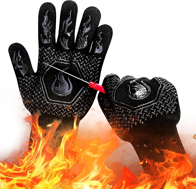 BBQ Fireproof Gloves, Grill Cut-Resistant 1472°F Heat Resistant Gloves, Non-Slip Silicone Oven Gloves, Kitchen Safe Cooking Gloves for Oven Mitts,Barbecue,Cooking, Frying,13.5 Inch-Black