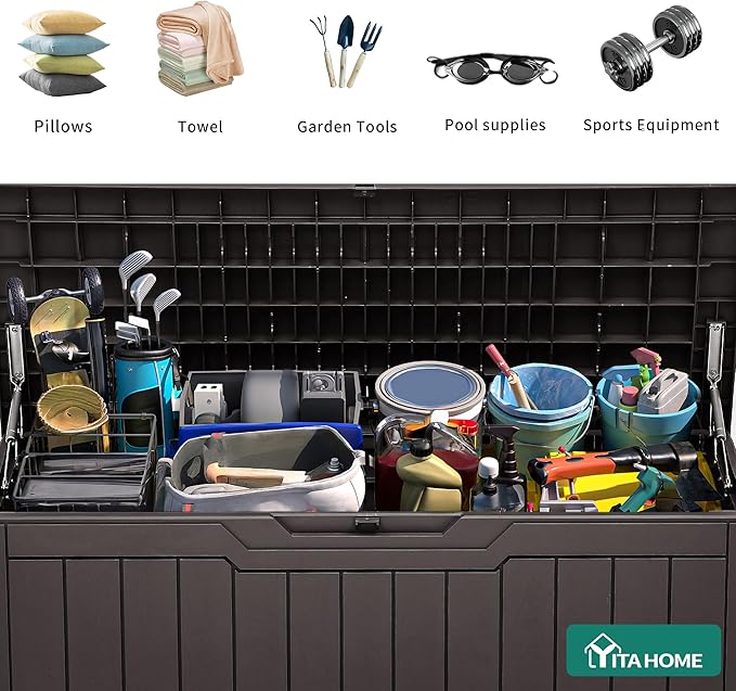 YITAHOME 100 Gallon Outdoor Storage Box, Large Water Resistant Resin Deck Box, Indoor Outdoor Lockable Storage Container for Patio, Garden, Cushions, Tools, Equipment (Dark Brown)