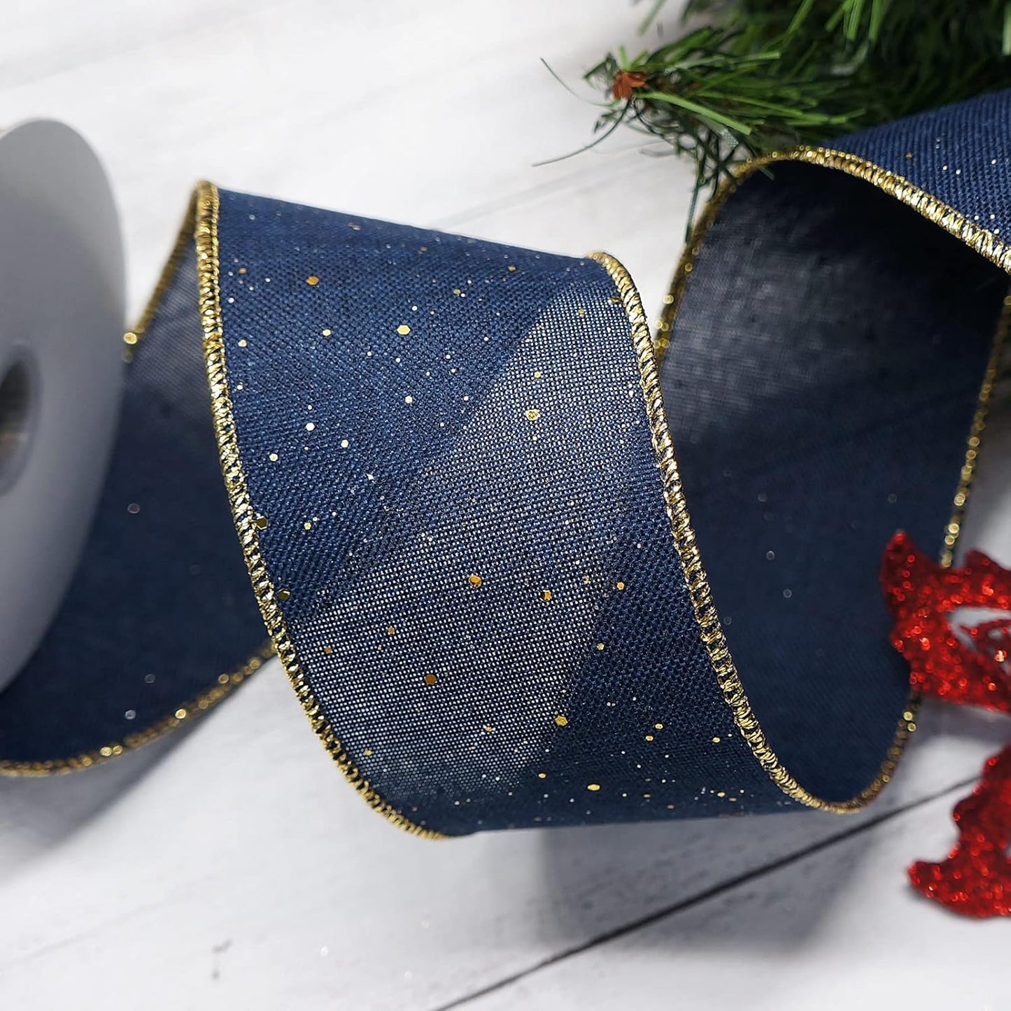 CT CRAFT LLC Blue Burlap Fabric Confetti Glitter Wired Ribbon 2.5" x 10 Yards Navy Color for Christmas Home Wedding Decor Gift Wrapping Tree Topper Bow Wreath Bouquet DIY Crafts
