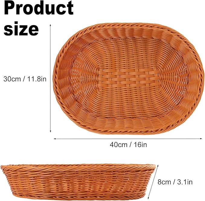 4 Pack 15.7 Inch Oval Poly Wicker Baskets, Plastic Oval Wicker Baskets, Rustic, Durable & Easy-Cleaning Wicker Bread Basket, for Home, Restaurant & Hotel Use, Brown