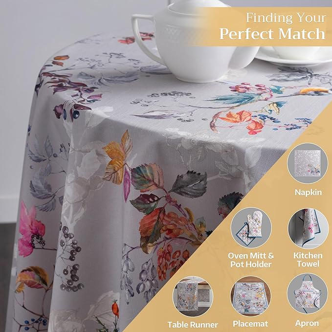 Maison d' Hermine Table Cloth Round Table 100% Cotton 69 Inches Fall Tablecloth Reusable Everyday Use for Thanksgiving Christmas Decorations Dining Farmhouse Party (Equinoxe - Grey)