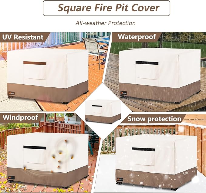 Fire Pit Cover Square, Outdoor Heavy Duty Durable 600D Tear-Resistant 100% Waterproof 42-44 Inch Fire Pit Cover, Patio Weatherproof Square Fire Table Protector, Beige 44" L x 44" W x 24" H