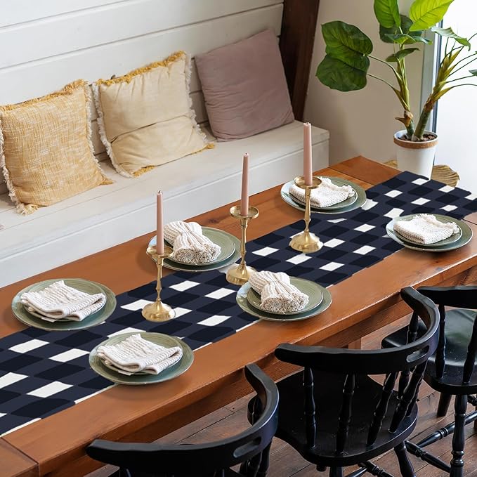 Fabric Checkered Table Runner 6 Pack Waterproof Gingham Table Runner 14W x 108L Buffalo Check Table Runners for Parties Kitchen Dining Wedding Banquet (Navy and White)