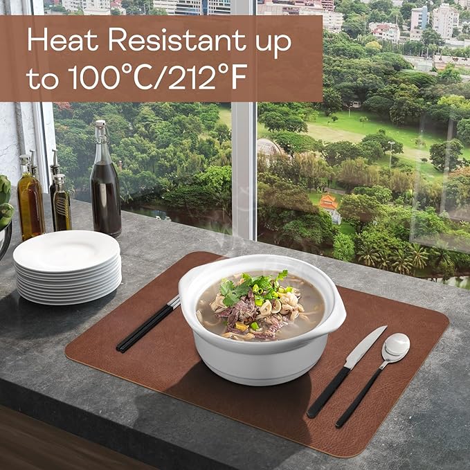 PU Leather Placemats Set of 6 Table Mats Heat Resistant Kitchen Place Mats, Waterproof Wipeable Dining Table Placemats for Home Party Outdoor, 15.8 x 11.8 inches (Brown)