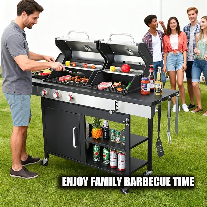 Gas and Charcoal Combo Grill, 37230 BTU 2-in-1 Outdoor BBQ, Dual Zone Cooking with Thermometer, Locking Wheels & Foldable Side Table for Patio and Garden Use(3+1 Burner + Charcoal grill)