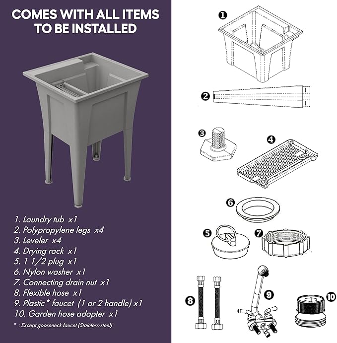 Freestanding Utility Sink with Two Handle Chrome Faucet - 24" Plastic Utility Sink for Garage, Laundry, Indoor and Oudoor Use - Laundry Tub Kit by Noah William Home - Grey (19.5 gal)