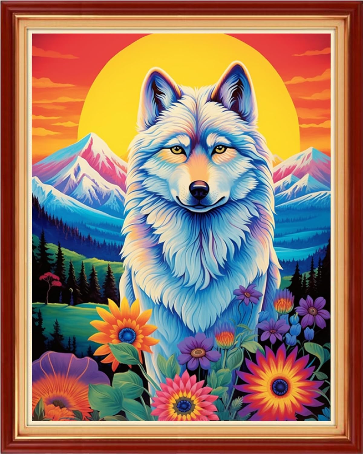 Foxdiviy Stamped Cross Stitch Kits Full Range of Embroidery Needlework Starter Kits for Beginners Adults 11CT Embroidery Patterns Art Crafts DIY Needlepoint Kits-Sunrise Wolf 16x20 inch