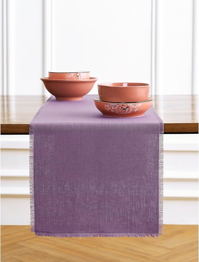Solino Home Linen Fringe Table Runner 72 Inches Long - 100% Pure Linen Mulberry Table Runner 14 x 72 Inch for Valentines, Spring, Easter