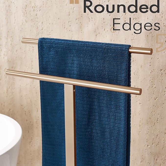 KOKOSIRI Standing Towel Rack for Bathroom Floor 2-Tier Towel Holder Free Stand with Heavy Marble Base Thicken Steady Champagne Bronze Stainless Steel THS0005-CPG