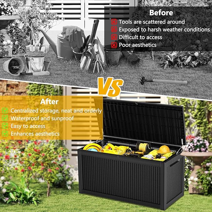320 Gallon Deck Box, Resin Outdoor Indoor Waterproof Storage Box, Lockable Storage Box With Handle for Patio Furniture - Garden Tools - Swimming Pool Tools UV-Resistant - Black (320)