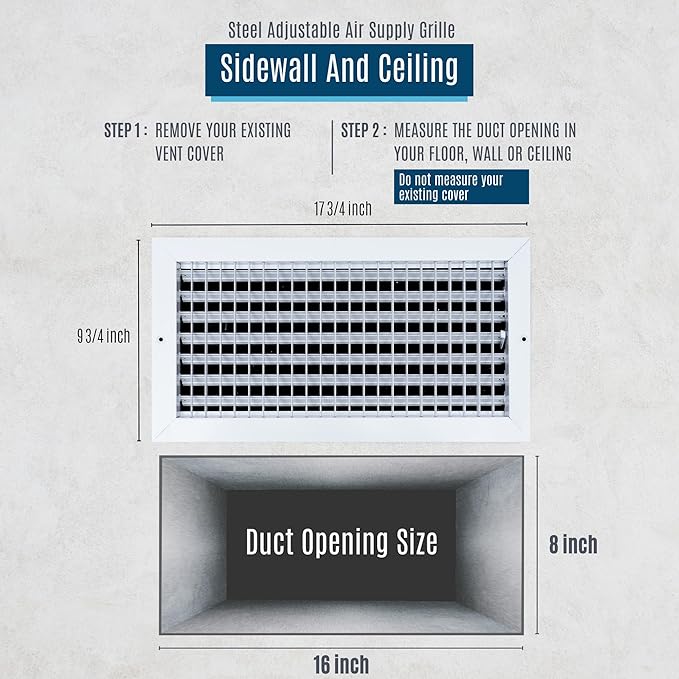 Fits 16x8 Duct Opening Steel Adjustable Air Supply Grille by Handua | Register Vent Cover Grill for Sidewall and Ceiling | White | Outer Dimensions: 17.75" X 9.75"