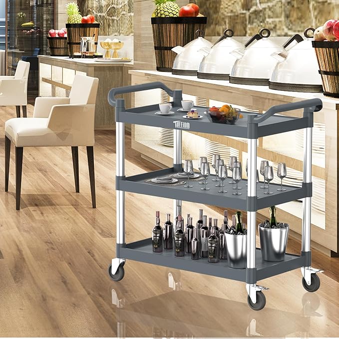 TUFFIOM Plastic Service Utility Cart with Wheels,Heavy Duty 450lbs Capacity, 3-Tier Commercial Rolling, Ideal for Restaurant, Foodservice, Office, Warehouse, Gray 40.4''L x 19.7''W x 38.6''H