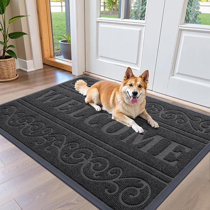 OLANLY Welcome Door Mat Indoor Outdoor Entrance, Heavy Duty Sturdy Front Door Mat, Waterproof All-Weather Doormat, Stain Resistant, Low Profile, Easy Clean Patio Entryway Mat, 47 x 32, Black