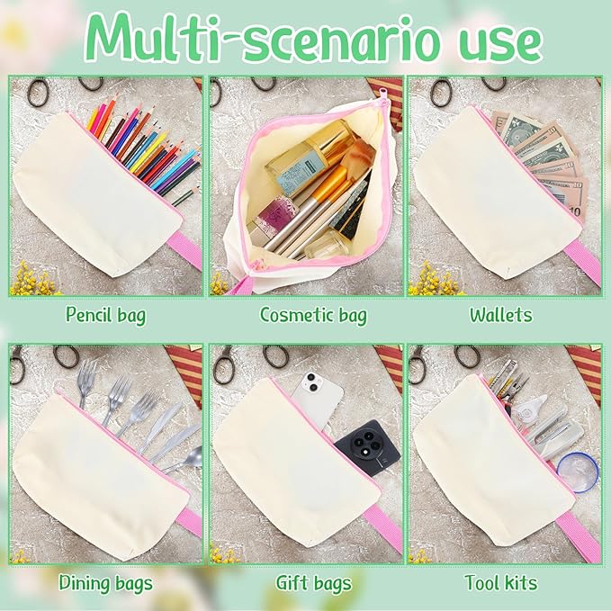 Sanwuta 24 Pcs Canvas Tote Bags Bulk with Zipper Cosmetic Bags 18.5" Cotton Canvas Bag with Handles Reusable Shopping Bags