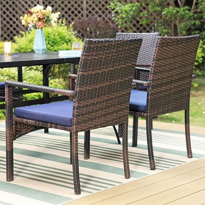 Sophia & William Outdoor 6 Pieces Dining Set with 4 Rattan Chairs, 1 Metal Table and 1 10ft 3 Tier Auto-tilt Umbrella(No Base) Orange Red, Modern Patio Furniture for Poolside, Porch, Patio, Balcony