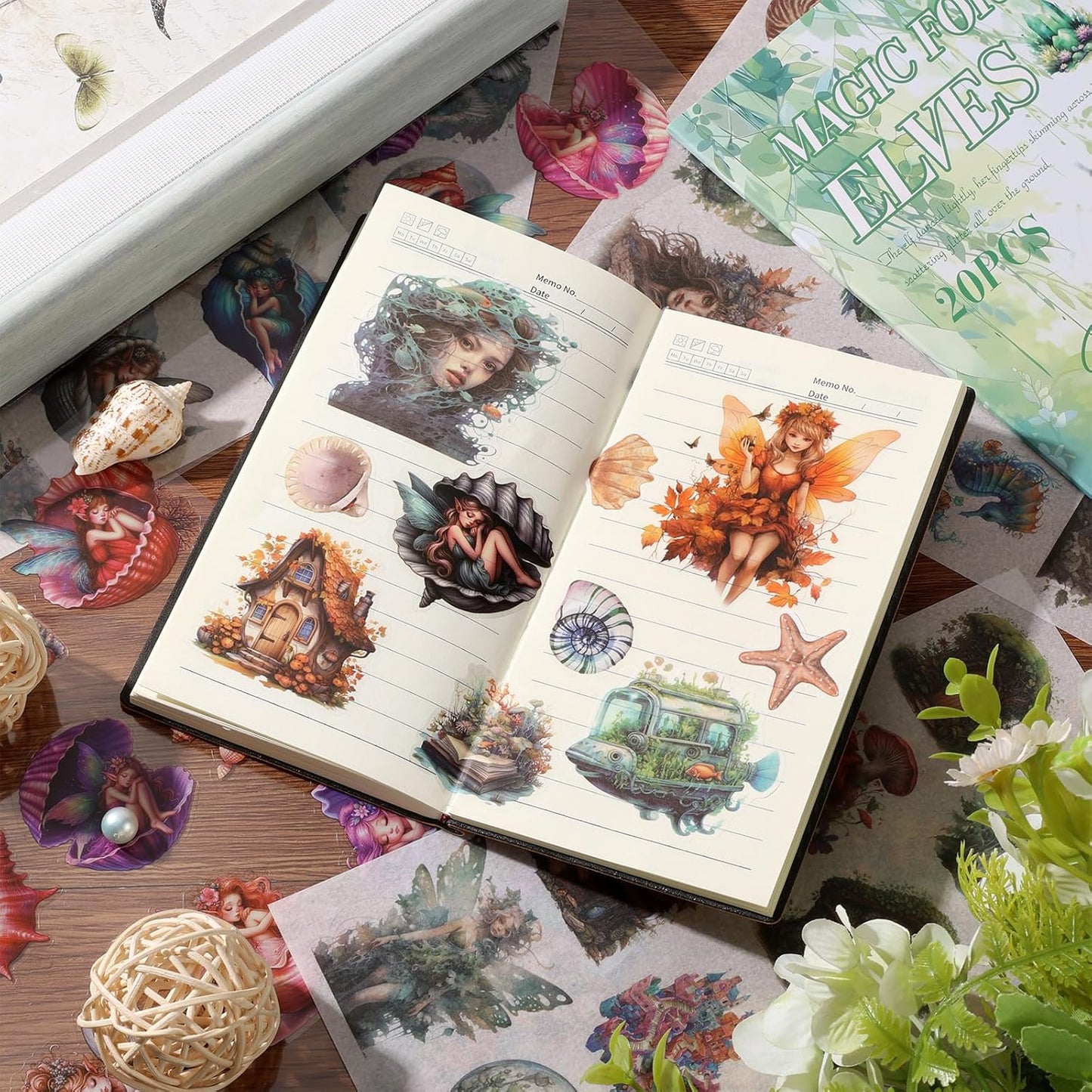 Scrapbook Fantasy Stickers 20 Sheets 240 Pre-Cut Washi Stickers for Journaling PET Transparent Fairy Sticker Decorative or DIY Paper Crafts, Arts and Crafting Projects