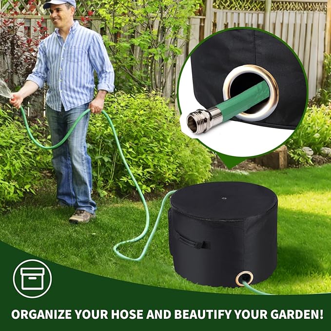 Garden Water Hose Holder Storage Bag Pot，Water Hose Hider，Holds 150 ft Hose ,Bottom With Drain Holes，Patio and Indoor-Black